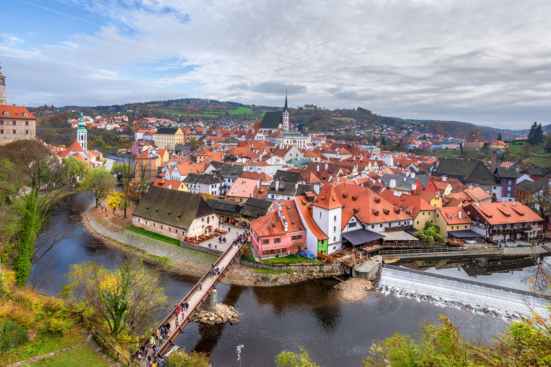 View of Cesky Krumlov, Czech republic. Autumn cityscape with bend of Vltava river