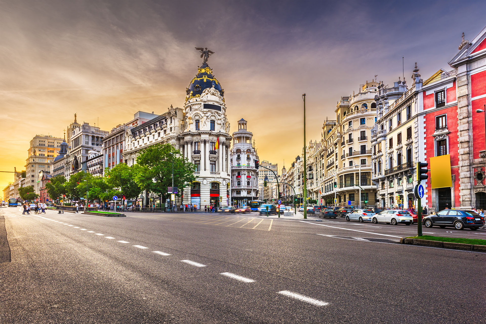 Madrid, Spain cityscape at Calle de Alcala and Gran Via.