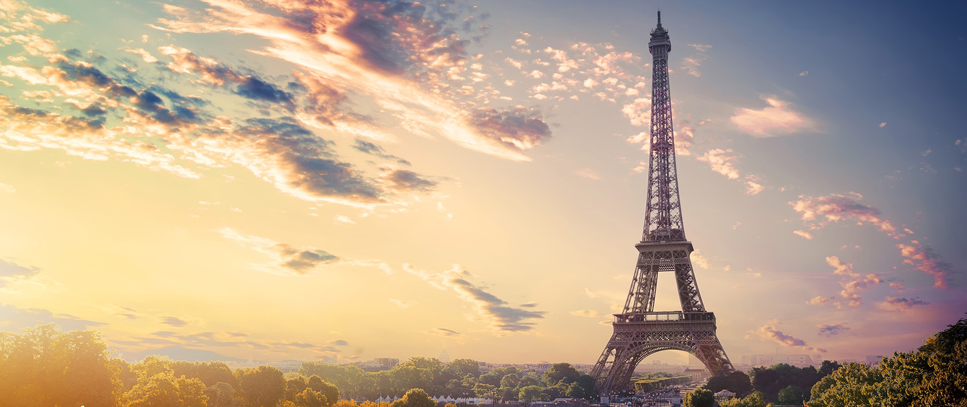 View on gardens Trocadero and Eiffel tower at sunrise, Paris