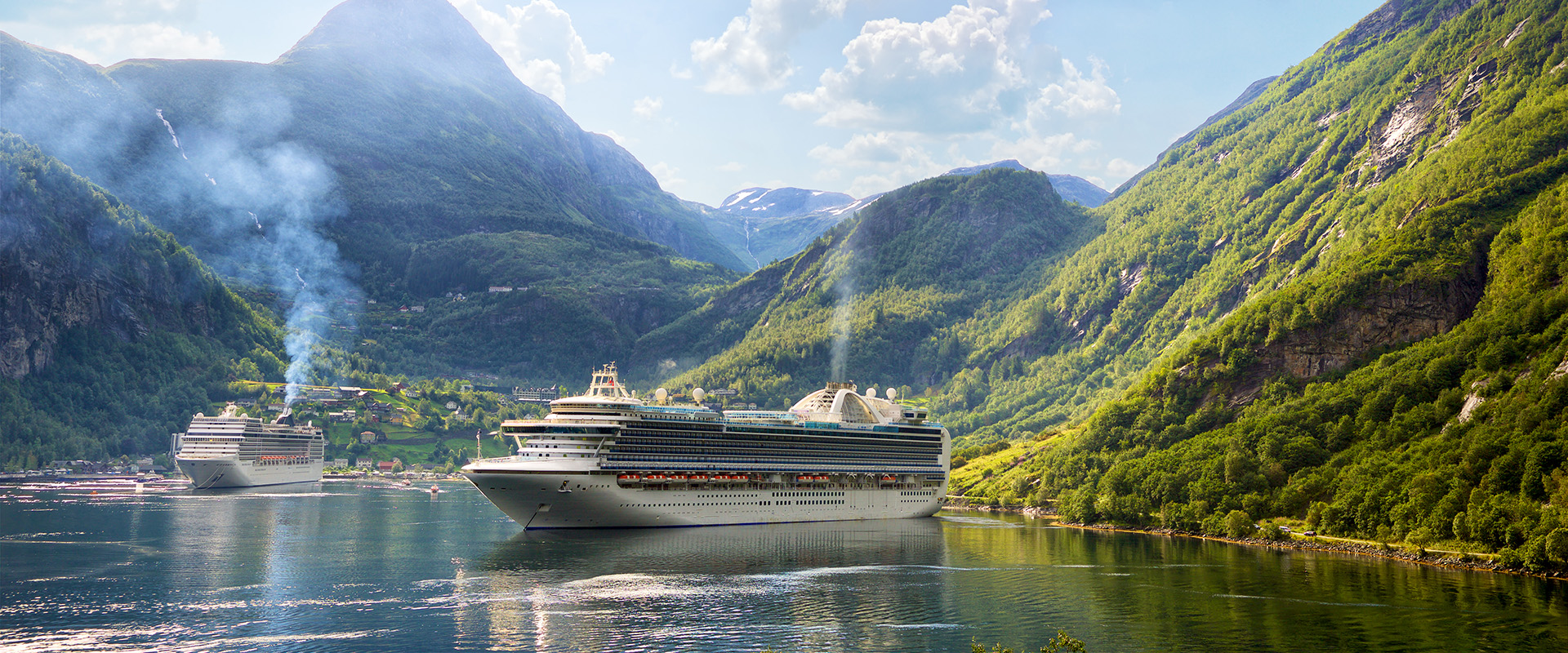 Cruise liners anchored at Geiranger fjord, Norway