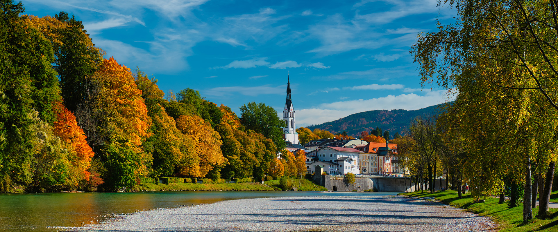 View of Bad Tolz - picturesque resort town in Bavaria, Germany in autumn and Isar river