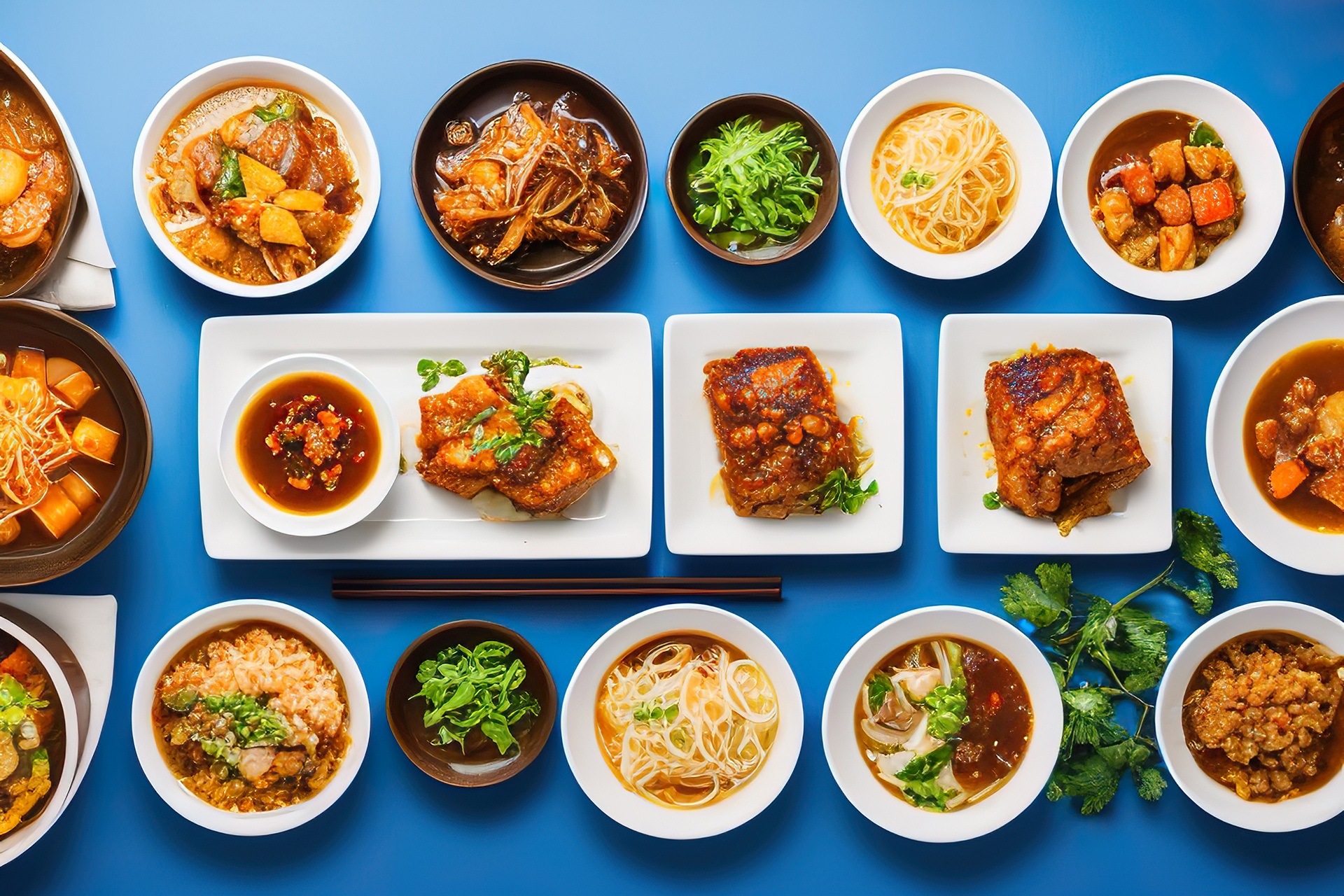 A set of food and dishes. Pasta, rice, risotto, salad. On a blue background