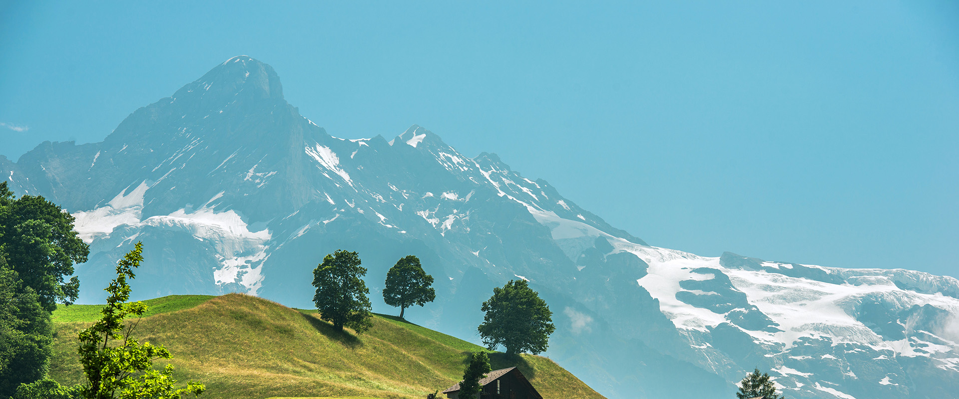 Scenic Swiss Landscape with Wooden Cabins. Jungfrau Region, Switzerland